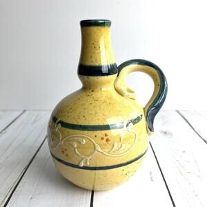 Bleu D'Argile Art Pottery Vase Pitcher Jug Yellow Blue Handle Floral Leaf VTG